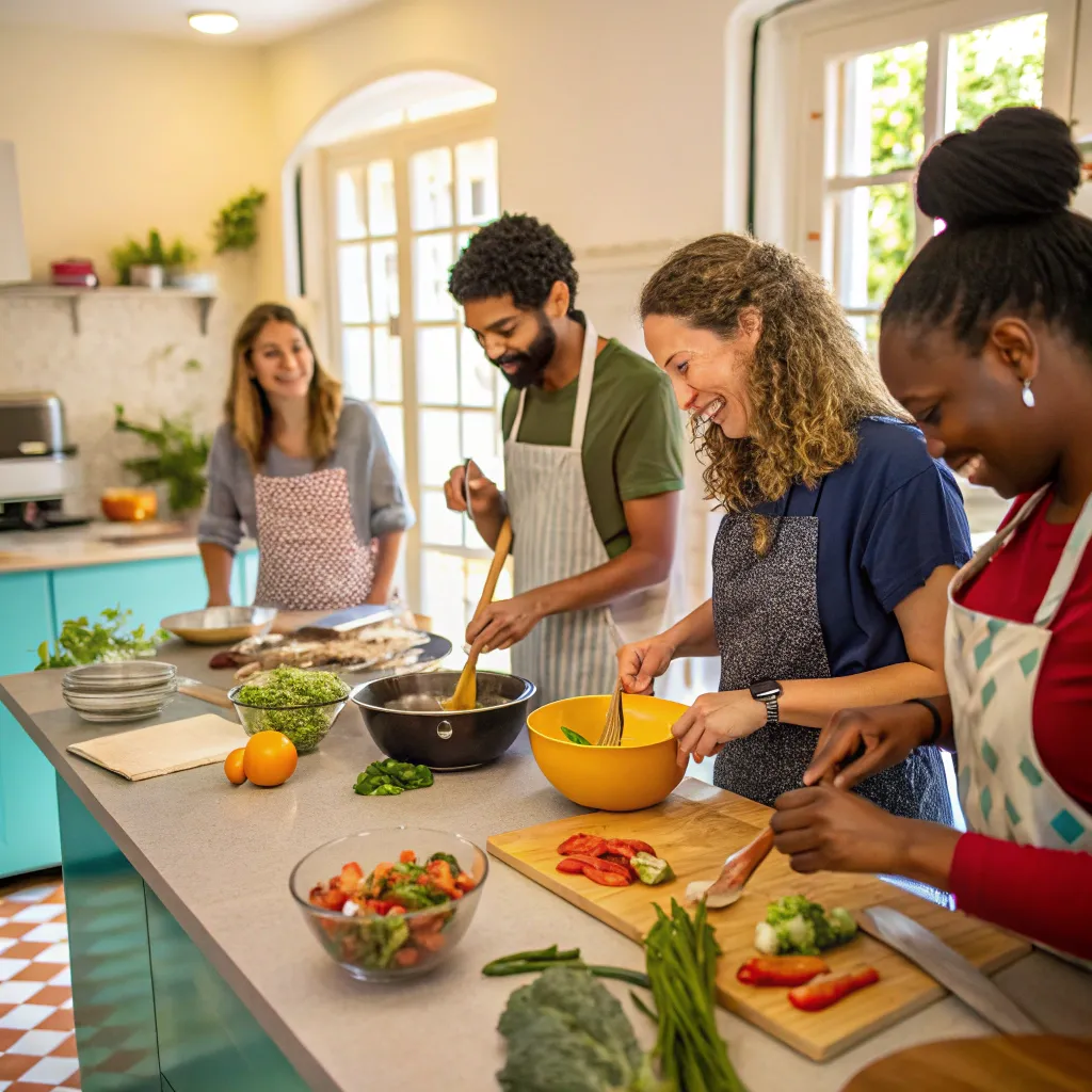 Group of people enjoying vegan cooking class